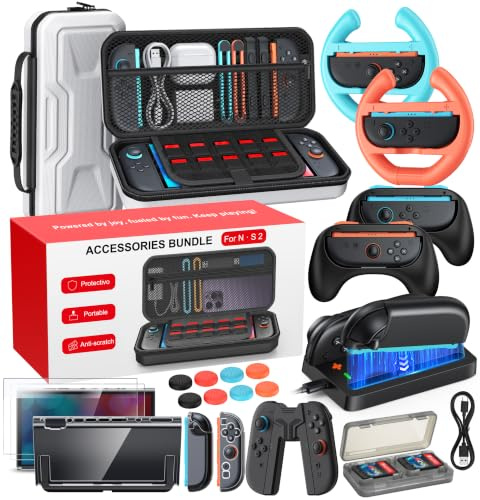 Switch 2 Zubehör, Unverzichtbares Zubehörpaket, 20-IN-1-Spieleset Bundle,Reisetasche,Switch 2 Controller Ladestation,Displayschutzfolie,Schutzhülle,Lenkräder,Griffe für Joy Con 2(Weiß)