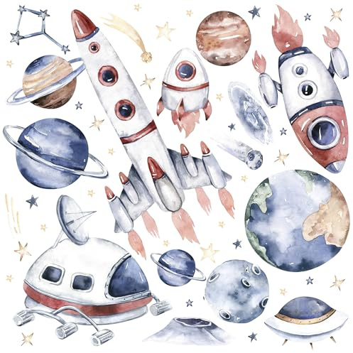 Muralo Wandtattoo Set Abstrakte Raketen unter den Sternen - 60x30 cm | Wandsticker, Modernes Design - ideal für Kinderzimmer, für Mädchen und Jungen, einfach anzubringen