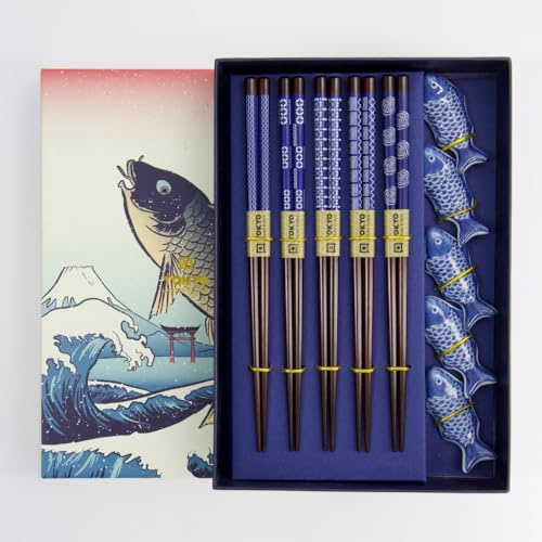 Tokyo Design Studio 5-Pair Chopstick Gift Set with Fish Chopstick Rests – Blue & White Japanese Porcelain Rests and Wooden Chopsticks – Gift Boxed