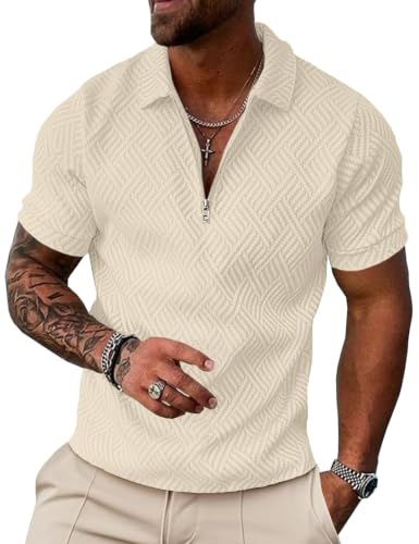 UOUA Herren Kurzarm Polo mit Viertelreißverschluss Geometrische Struktur lässige Vintage-Optik Sommer Golf Top Schwarz M