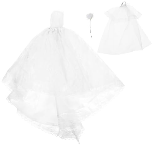VICASKY Kleiner Hochzeitskleid für 30cm Puppen Langes Weißes Puppenkleid aus Stoff mit Schleier und Blume Leichtes Wiederverwendbares Puppenhochzeitskleid für Spielzeugpuppen