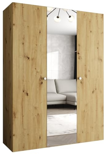 MEBLE KRYSPOL - Kleiderschrank - Garderobenschrank - 150 cm x 202 x 52 cm - Schrank mit Kleiderstange und Spiegel, 3 Türen - für Schlafzimmer, Flur - Parma, Artisan-Eiche, Griff Silber