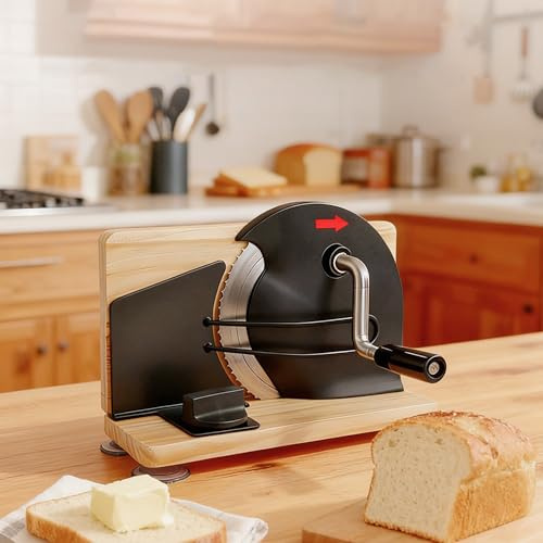 Manuelle Brotschneidemaschine Zusammenklappbar Sauerteig-Brotschneider Brot Schneider für Selbstgebackenes Brot, Einstellbare Dicke 0–2 cm dick, mit Handkurbel & Rutschfest Saugnäpfen (Schwarz)