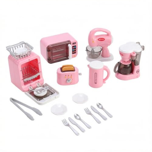 Play Kitchen Accessories 17 PCS Set, Kids Kitchen Toy Set with Toy Coffee Machine, Mixer, Toaster & Kettle, Pretend Play Kitchen Appliances for Toddlers, Educational Gift for Girls Boys (Pink)