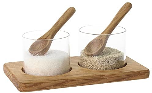 Olympia Salt and Pepper Pinch Pots - Glass and Wood Design with Tray CM398