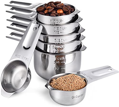Tazas Medidoras Juego de 7: U-Taste Juego de Tazas de Acero Inoxidable 18/8 con Asa Ancha para Ingredientes Secos y Líquidos, 30 ml, 60 ml, 80 ml, 120 ml, 160 ml, 180 ml, 240 ml (Plata)