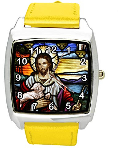 Taport® Quarzuhr mit Jesus Christus, quadratisch, gelbes Lederband, inklusive Ersatzakku und Geschenkbeutel