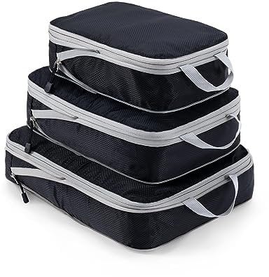 Meowoo 3-teiliges Kompressions-Packwürfel Set - Compression Packing Cubes - Wasserdichter Kofferorganizer mit Reißverschluss (XL, L, M) - Platzsparend für Handgepäck & Koffer (Schwarz)