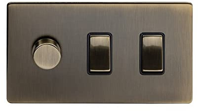 Soho Lighting Antique Brass 3 Gang Light Switch with 1 dimmer (2x 2 Way Switch & 400w Trailing Dimmer) Blk Ins Screwless
