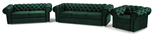 MOEBLO Wohnlandschaft 321 Chesterfield 3-Sitzer, 2-Sitzer und Sessel, Samtbezug Polstersofa Sofas Couch für Wohnzimmer Loungesofa Federkern Vintage Design Avia (Dunkelgrün)