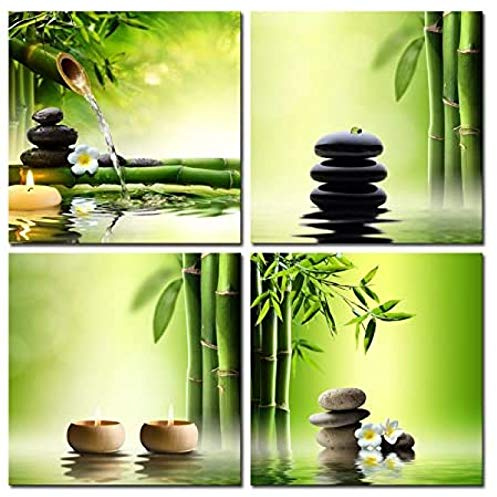 Moderne Zen Sur Toile tableau Parfait Bambou Vert Tableaux Peintures Sur Toile tableau Art Mural Pour Les DéCorations De Bureau à Domicile Salon Chambre Sans Cadre 20×20cm×4 Pcs