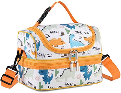 VASCHY - Bolsa isotérmica para almuerzo, portátil con compartimentos separados, reutilizable, bolsa de almuerzo con correa ajustable para escuela y picnic (Dinosaurio amarillo), Dinosaurio Amarillo,