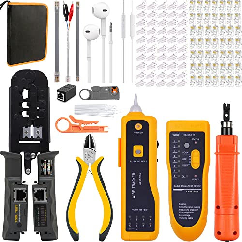 MAYLINEE Pelador de cables de red CAT6 Herramientas de Crimpado para Cables RJ45 Crimpadora CAT5/CAT5E RJ11/RJ12 con Probador de Cables LAN Pelacables Conector Alicates(Azul)