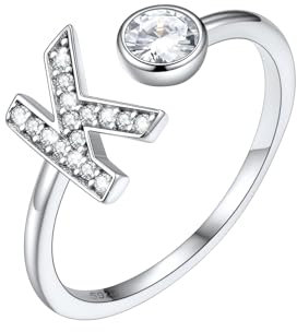 SILVERCUTE Damen Buchstabe K Ring verstellbar 925 Sterling Silber Initiale Offener Ring mit Zirkonia Alphabet Statement Ring Fingerring Schmuck Accessoire