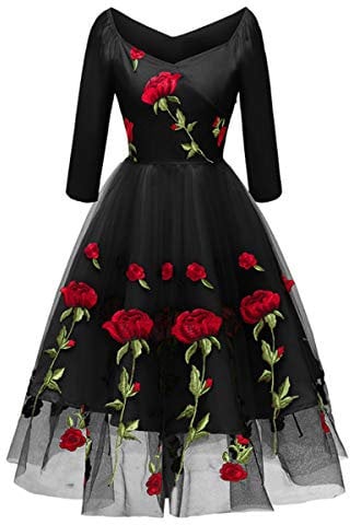 1950s Dresses for Women UK 50s Fancy Style Vintage Rockabilly Rose Floral Embroidery Tulle Tutu Off Shoulder A Line Swing Midi Skater Dress Cocktail Party Evening Prom Gown Black-3/4 Sleeve 2XL