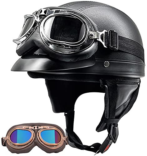 FLLG Rétro Jet Casque Moto Bols, Casques Homologué ECE Avec Visière UV Lunettes Casque De Moto Cuir Style De Vintage Demi Casque Pour Scooter Bike Cruiser Chopper Moped F,54-62CM