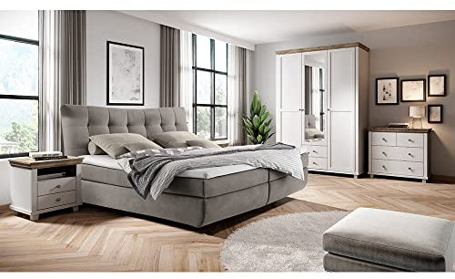 Schlafzimmerset Boxspringbett Doppelbett Liegefläche 180 x 200 cm Topper 7-Zonen-Matratze Landhaus weiß Esche Eiche Kleiderschrank Spiegeltür Nachttisch Kommode