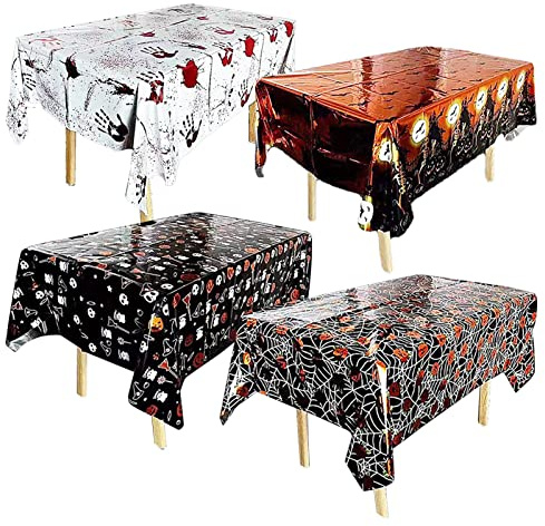 Cisolen 4 Stück Halloween Tischdecke wasserdichte Tischdecke Rechteckige Kürbis Spinnennetz Geister Fledermaus Kunststoff Tischdeckes für Zuhause Gruselige Tischdeckes Halloween Party Dekor