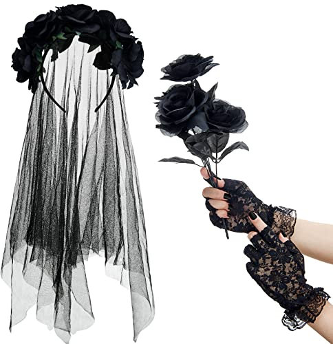 SATINIOR Halloween Kostüm Netz Schleier mit Rosen Blumenkranz Stirnband Rosenstrauß Fingerlose Spitzenhandschuhe Tag der Toten Kostüm Accessoires (Schwarz)