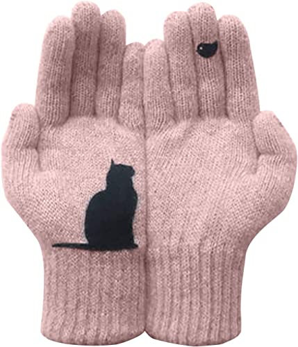 Stehaufe Handschuhe aus Baumwolle im Katzenstil,Warme Strickhandschuhe,Frauen Männer Herbst Winter StrickGloves Mit Katze Und Fisch Motiv,Warme Handschuhe,Warm und Winddicht Winterhandschuhe (pink)