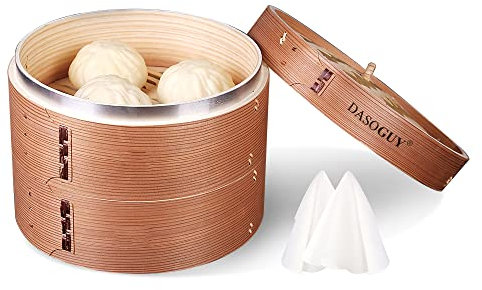 Dasoguy Deepen 26,7 cm handgefertigter Holz-Dampfgarer mit Edelstahl-Ringen, zwei Etagen, Dampfkorb für Dumpling Dim Sum Bun Rice Chinesische Lebensmittel, Geschenk 2 Baumwolleinlagen