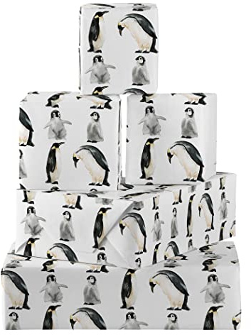 Hunts England - 5 Bögen Pinguine Geburtstags-Geschenkpapier für Sie oder Ihn – inklusive 5 Geschenkanhängern – ikonische Kollektion – Tier-Geschenkpapier für Jungen, Mädchen, Kinder, Männer, Frauen