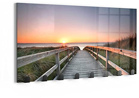 DEQORI Wandgarderobe Glas & Metall | Motiv Strandpfad in Abendsonne | 60x30 cm | Design Haken-Leiste modern | Garderoben-Paneel für Flur, Wohnzimmer & Schlafzimmer | magnetisch & beschreibbar