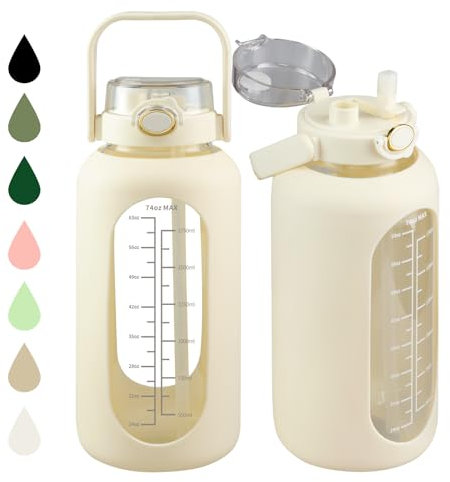 SIEROZUR Bouteille d'eau en verre de 2,2 litres avec paille et couvercle, grande carafe à eau avec manchon en silicone et poignée, bouteille à large ouverture de 2,2 litres avec marqueur de temps pour