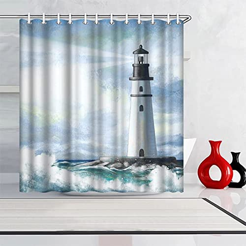 REECES Leuchtturm Duschvorhang 120 x 200 cm, Duschvorhang Anti-Schimmel Textil, Shower Curtains Polyester Stoff Wasserdicht Duschvorhänge für Badezimmer, Bad Vorhang mit 8 Haken