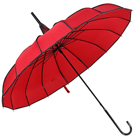 ThreeH Pagoda Paraguas Parasol de novia a prueba de viento 16 costillas de acero de cuero de fácil agarre mango de lluvia paraguas del sol,Rojo