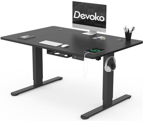 Devoko 120x80cm Escritorio Elevable Eléctrico de Carga Tipo A, Escritorio para Computadora Ajustable en Altura con Bandeja de Gestión de Cables y Memoria de 3 Funciones, Negro