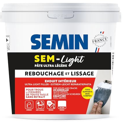 Enduit de Rebouchage Allégé pour Trous et Fissures Importants, Sem-Light Semin, Intérieur, Seau de 5 L
