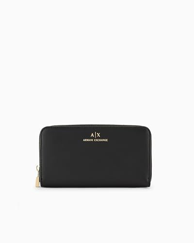 Armani Exchange Women's Jane, Sustainable, Gold Printed Logo Tri-Fold Wallet, Black