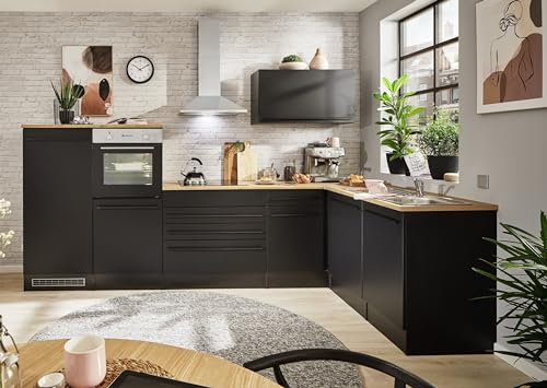 möbelando Jazz 4 Moderne L- Küchenzeile ohne Elektrogeräte in Schwarz Matt, Geräumige L-Einbauküche mit viel Stauraum - 320 x 200 x 60 cm (B/H/T)