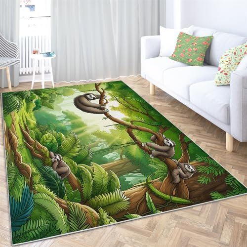 Teppich 120x170cm rutschfest Waschbar Teppich, Waldtier Faultier Druck Teppich für Dekoration Schlafzimmer Kinderzimmer Wohnzimmer Kurzflor Teppich Grün Flanell Kinderteppiche