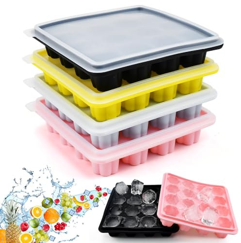 CAREDGO 4 Pcs Cubitera Silicona con Tapa Cubiteras de Hielo con Tapa Molde de Silicona para Hacer Cubitos de Hielo Bandejas para Hielo Silicona Cubitera de Goma con 16 Cavidades Para Cócteles Cerveza