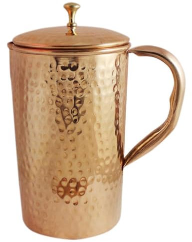 Grainex Copper Water Jug | Copper Pitcher for Ayurveda Health Benefits | Copper Water Hammered Jug with Lid and Brass Handle (Modern Style)