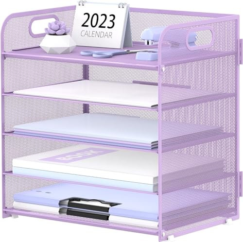 SUPTIDY Schreibtisch Organizer mit Griff, 5-stöckiges Papier Briefkasten Organizer, Dokumentenablage Büro Organizer für Zuhause und Schule, Lila