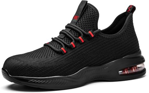 SPIEZ Sicherheitsschuhe Herren und Damen, Leichte Arbeitsschuhe Air Cushion Slip On Arbeitstrainer Schwarz/Rot EU 44