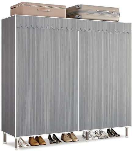 Kleiderschrank Stoffschrank Stabil, Stoff Faltschrank Für Schlafzimmer Mit Kleiderstange & Ablagen, Ankleidezimmer Garderobe Mit Kleiderständer 126x46x173cm Graue Streifen