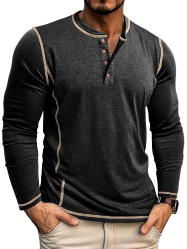 LAOARA Mens Long Sleeve T Shirt Henley T-Shirts Grandad Tops Cotton Casual Lightweight Tee with Button M-3XL