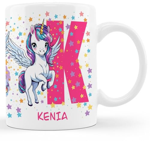 Taza de Unicornio Personalizada para Niñas con Inicial y Nombre (A-Z) Taza de cafe A-Z de ceramica Tazas de desayuno con letra y nombre Taza desayuno para niñas, Taza para regalar (Letra-K)