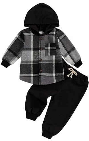 MAHUAOYIXI Toddler Baby Boys Outfits Long Sleeve Plaid Print Hooded Sweatshirt Pullover Top with Elastic Waist Pants Sets 2 Piece Baby Clothes for Little Boys Fall Winter (Black, 18-24 Months)