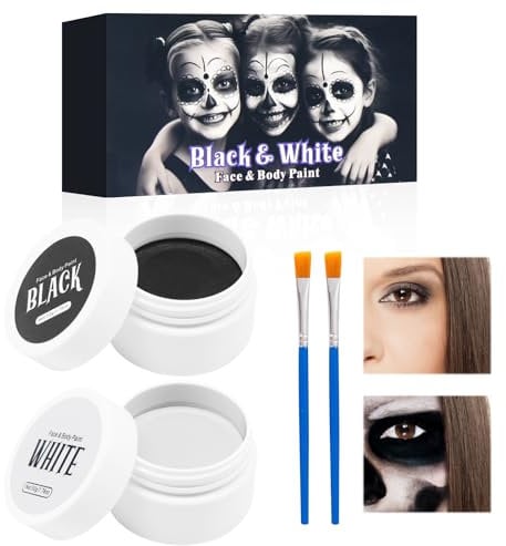 Horuili® Maquillaje de Halloween, Kit de Pintura Corporal de Cara en Blanco y Negro, Pintura Facial de Halloween, con Pincel de Maquillaje para Halloween Art Theatre Cosplay Clown