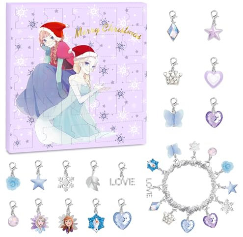 Eisprinzessin Adventskalender 2024 Kinder, Frozen Weihnachten AdventskalenderSelber Mädchen Machen Bastelset 24 Tage Weihnachtskalender Charm Armbänder Kit Überraschungsgeschenk Geburtstagsgeschenke