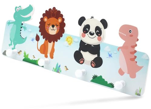 Liangding Porte Manteau Enfant avec 4 Crochets, Porte Manteau Mural en Bois avec Motifs d'animaux, Patere Enfant, Magnifique Décoration de Vestiaire, Patères 39 x 15 x 5cm