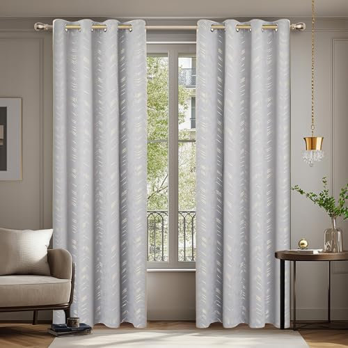 Deconovo Lot de 2 Rideaux Occultants Thermiques Isolants Anti-Froid à Œillets - Motif en Fil d'or 140×180CM, Rideaux Thermiques pour Chambre et Salon Blanc Gris