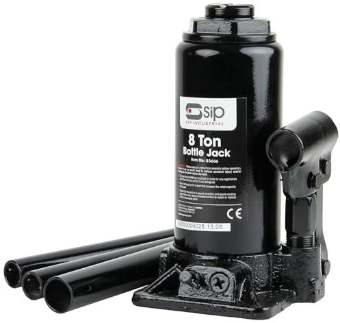 SIP 8 Ton Hydraulic Bottle Jack Car Van Workshop 205-400mm Lifting Range | Heavy Vehicle Capacity, 34mm Serrated Saddle, Cast Iron Base, 136mm Ram Length, Overload Protection, Wheel Changes, Garages