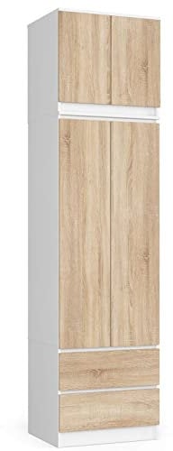 AKORD Kleiderschrank S60 mit Erweiterung 60 cm | mit 2 Türen und 2 Schubladen | Kleiderschrank mit Auszug | Geräumiger Innenraum | B60 x H234 x T51 cm | Gewicht 78,05 kg | Weiß/Sonoma Eiche