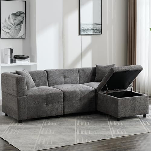 BTM Sectional 3 Seater Sofa, L shape Corner Sofa with Removable Storage Ottoman, Corner Sofa with Storage for Home/Apartment/Office Living Room, Grey